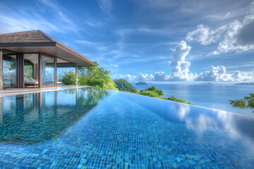 Fototapeta premium Tropical Luxurious Villa with Infinity Pool and Panoramic Views in Exquisite Garden Setting