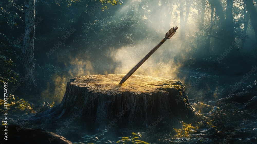 Poster a solitary arrow embedded in a tree stump, surrounded by a mystical forest atmosphere.