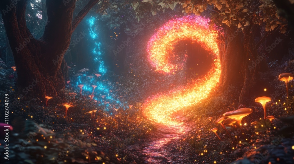 Poster a mystical forest path illuminated by glowing question marks and vibrant mushrooms.