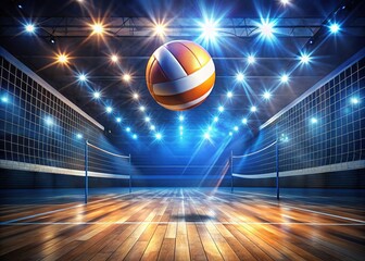 Gym court illuminated, volleyball in flight: powerful action shot.