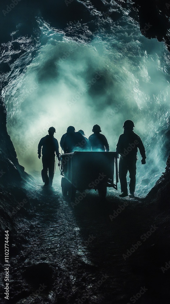 Poster silhouetted figures in a dark tunnel pushing a cart, creating a mysterious atmosphere.