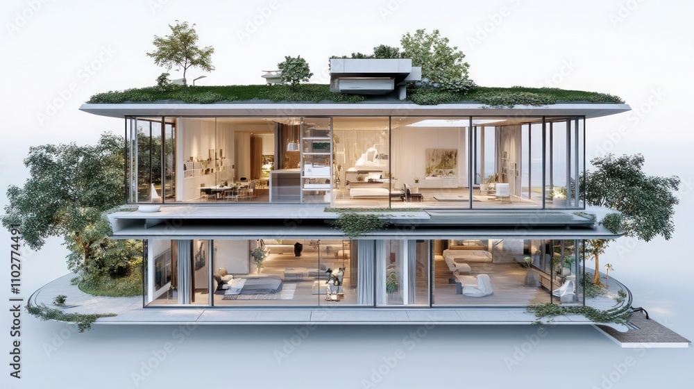 Poster modern architectural house design with greenery and open spaces.