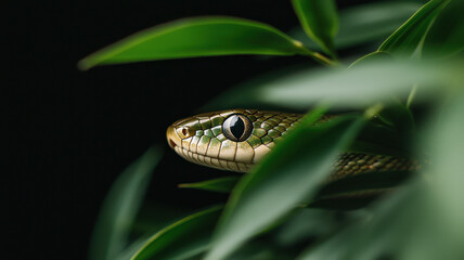 Obraz premium Chinese New Year Frame and background theme, sleek golden snake peeks through lush green leaves, showcasing its beauty