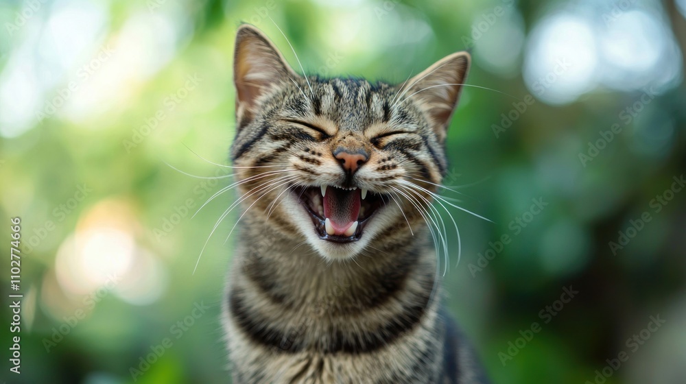 Poster cat with a playful or content expression, showing a smiling demeanor