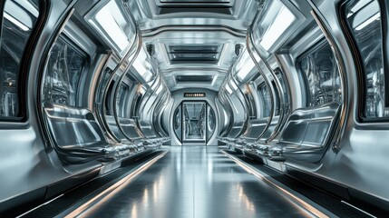 A sleek, futuristic train interior featuring metallic surfaces and modern design elements.