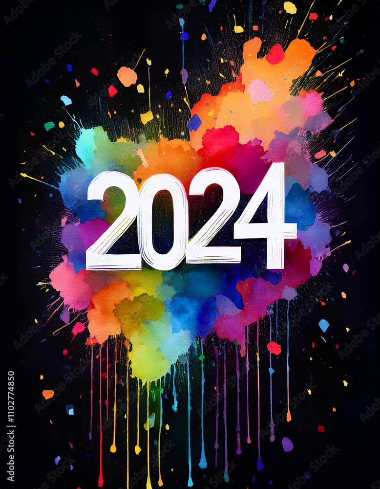 Poster colorful 2024 text with vibrant splashes and confetti on a dark background
