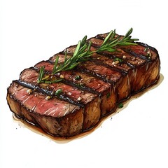 Perfectly grilled steak with rosemary and herbs on wooden board.