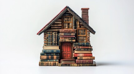 fantastical creative illustration of a house made of books, sitting on a white background, emphasizing the power of imagination and storytelling