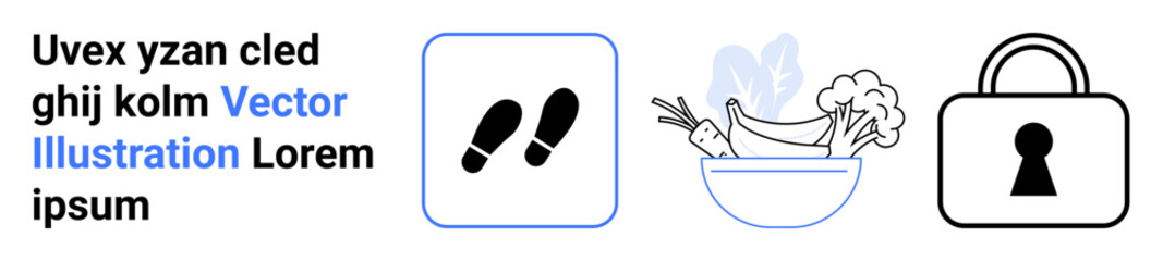Footsteps icon suggesting movement, bowl of vegetables symbolizing healthy eating, and padlock representing security. Ideal for navigation, health, security, infographics, websites, brochures