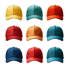Maquetas de gorras de beisbol de distintos colores sin fondo, gorras simples en un fondo transparente
