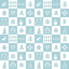 Winter Square Pattern. Seamless Geometric Checkered Print with Winter Things. Christmas Holiday Chess Background. Patchwork. Christmas Tree, Deer, Hat, Gift, Heart, Snowman. Vector in Light Blue