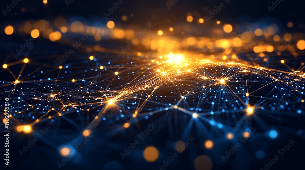 Poster abstract network of glowing nodes and connections representing data technology innovation - generate