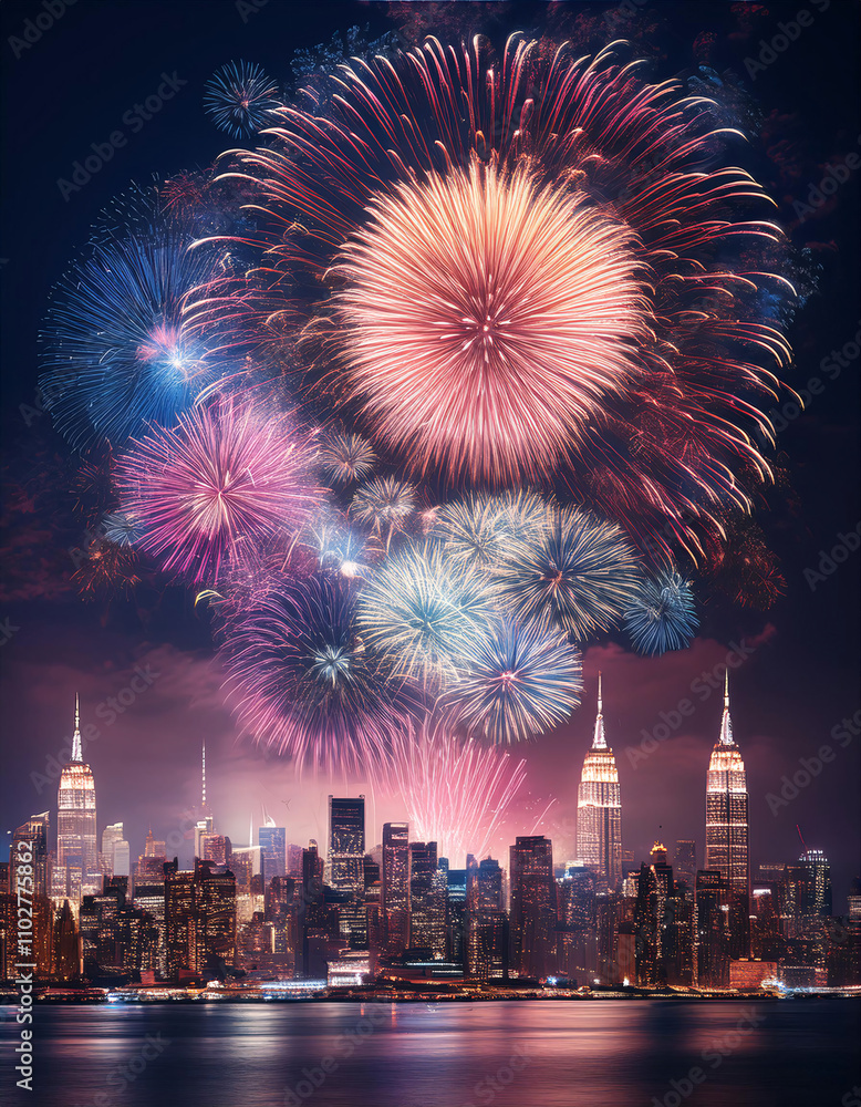 Poster a colorful fireworks display explodes over a city skyline