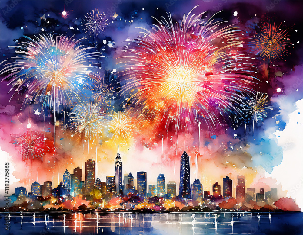Poster a colorful fireworks display explodes over a city skyline