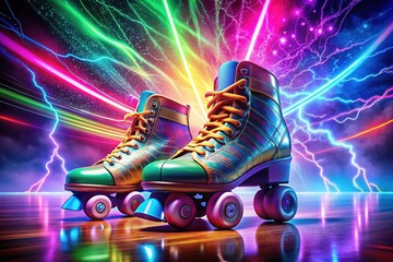 Lightning-fast roller derby skates, soaring above a disco sphere.