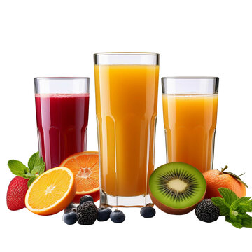 Vasos altos con jugos naturales en un fondo transparente, bebidas naturales de frutas sin fondo