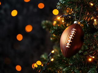 A festive holiday scene featuring a football ornament hanging on a Christmas tree, illuminated by warm fairy lights.