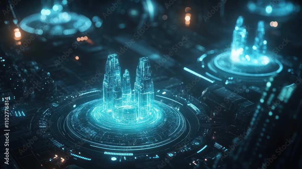 Aufkleber futuristic digital landscape with glowing structures and intricate circuitry.