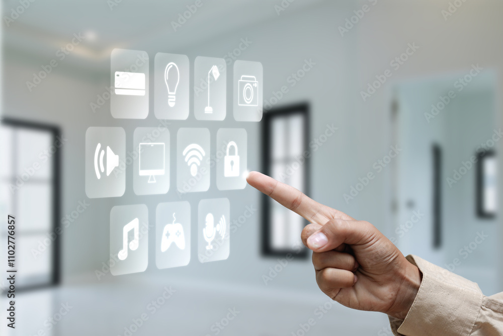 Poster finger interacting with a smart home control interface, managing various connected devices.