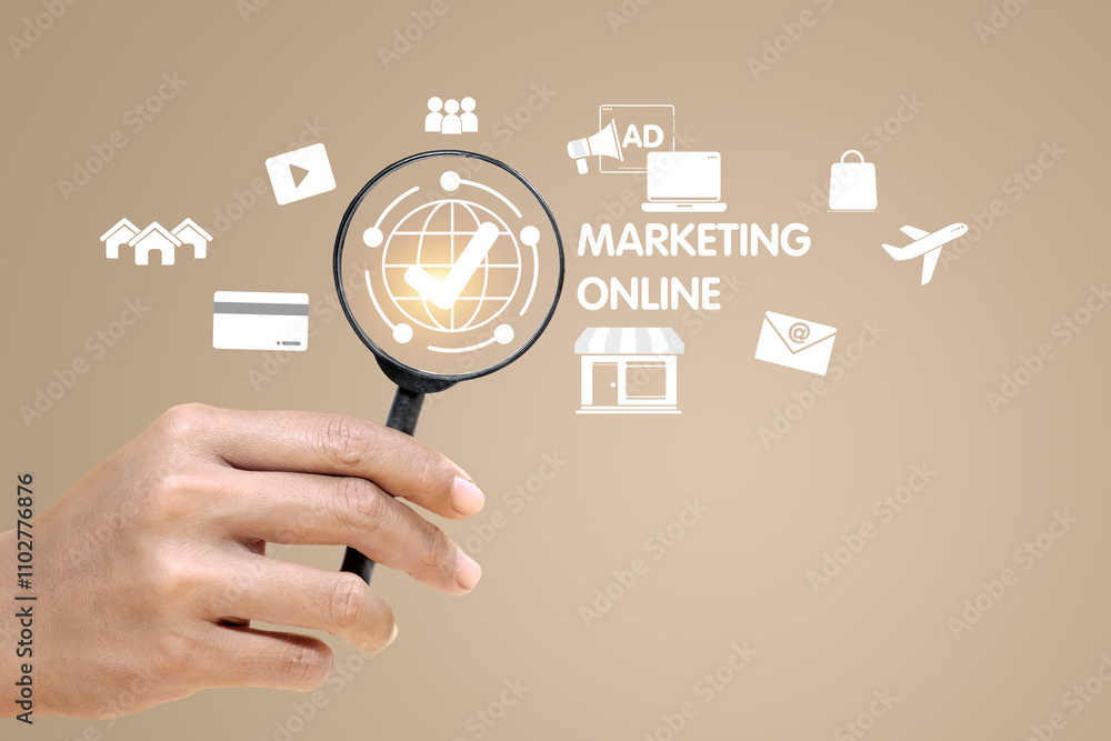 Poster focused concept of online marketing with icons representing key elements and a magnifying glass high