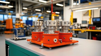 A close-up of industrial equipment on a workbench in a modern manufacturing facility, showcasing precision engineering and advanced technology.