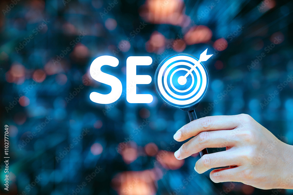 Poster seo optimization concept with a magnifying glass focusing on a target, symbolizing precision and str