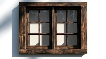 Obraz premium A wooden window frame with four panes set against a white wall, showcasing a rustic design.