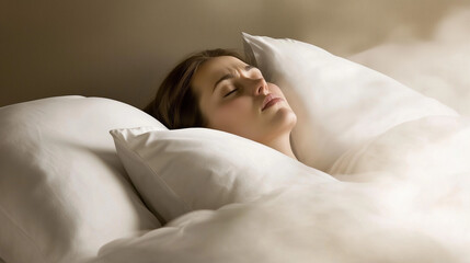 Obraz premium A Person Lying in Bed with Eyes Closed and a Troubled Expression, Surrounded by Soft Pillows in a Dimly Lit Room, Emphasizing the Struggles of Sleep Disorder and Restlessness in a Calm Environment