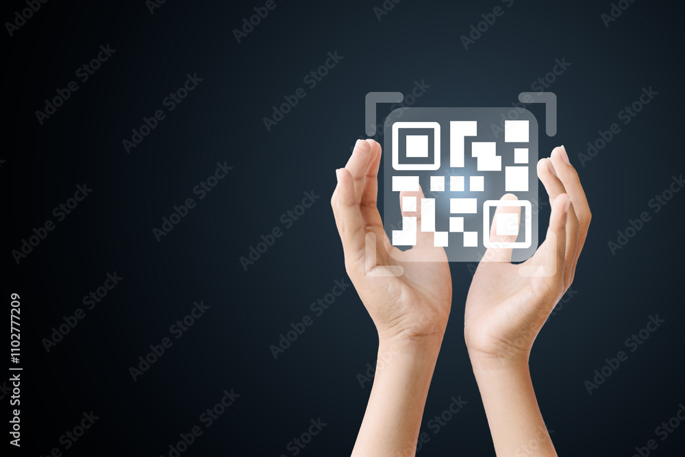 Poster hands holding a qr code symbol, representing digital access and connectivity.