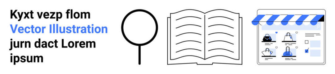 Text block with magnifying glass, open book, and website interface displaying online courses and shopping features. Ideal for education, online courses, e-commerce, technology, digital learning