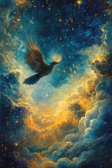 Naklejka premium Mystical Bird Flying Through Cosmic Clouds