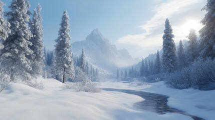 serene winter landscape featuring snow covered mountains, tall evergreen trees, and tranquil river flowing through snowy terrain. soft light creates peaceful atmosphere