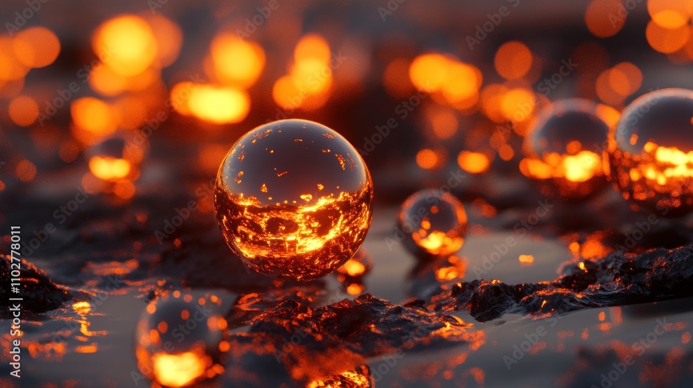 Poster close-up of glowing, molten-like bubbles on a dark surface, creating a mesmerizing visual effect.