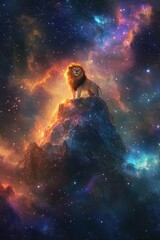 Obraz premium Surreal Lion Standing on a Cosmic Mountain