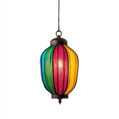 A vibrant, multicolored lantern featuring stripes of red, yellow, blue, and green, creating a warm, inviting glow in any space.