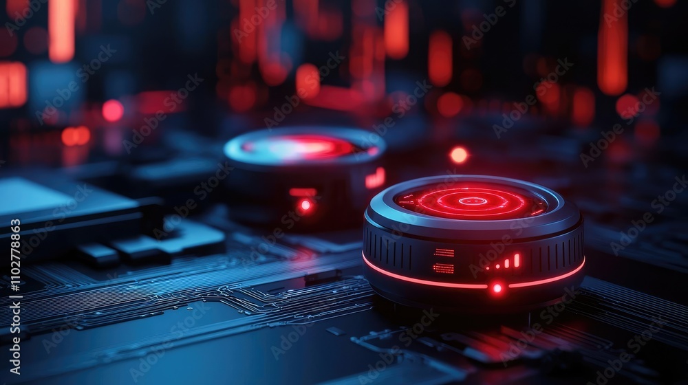 Poster Close-up of futuristic buttons with glowing red lights on a dark circuit board.