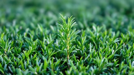 Fototapeta premium A close-up shot of a single sprig of fresh rosemary growing amidst a bed of lush green grass, natural world, close-up photography, herb garden., fragrant herbs