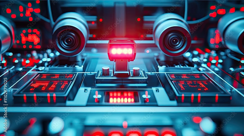 Poster futuristic control panel with red lights and complex electronic components.