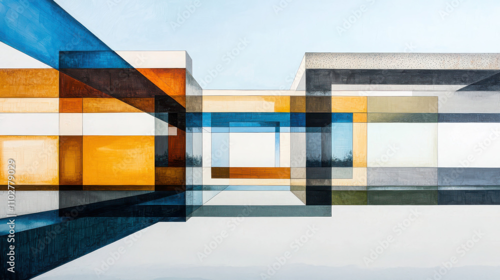 Poster exploring abstract architectural forms stacked rectangles by the coast art piece coastal environment