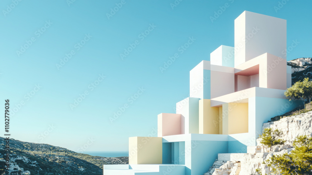Poster exploring stacked rectangles abstract architectural forms on the coastal landscape visual art outdoo