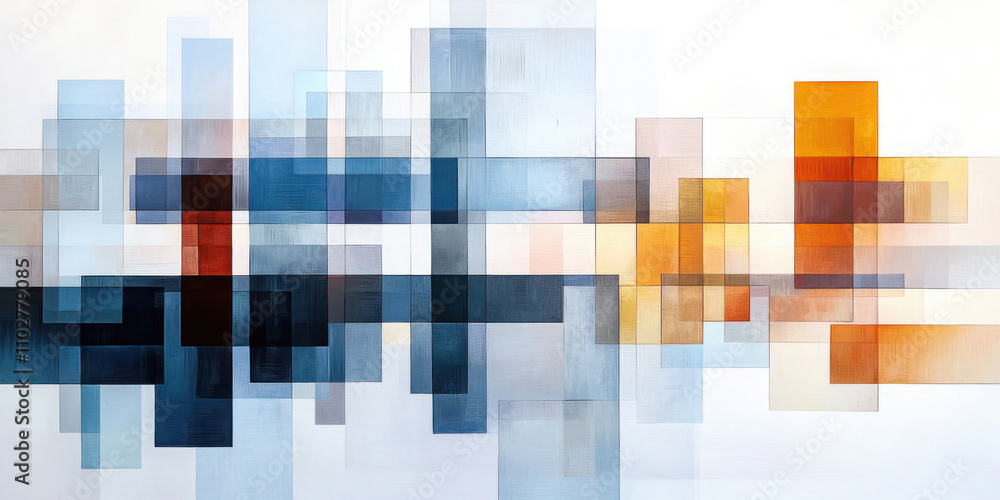 Poster creating a vibrant abstract cityscape with layered rectangles in cool blues and a touch of warmth