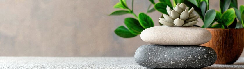 Fototapeta premium A serene arrangement of stacked stones with a succulent plant, creating a calming aesthetic perfect for home decor or wellness spaces.