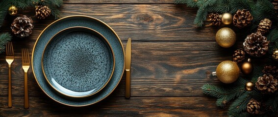 Elegant table setting with golden cutlery and gray napkins, exuding sophistication and charm.