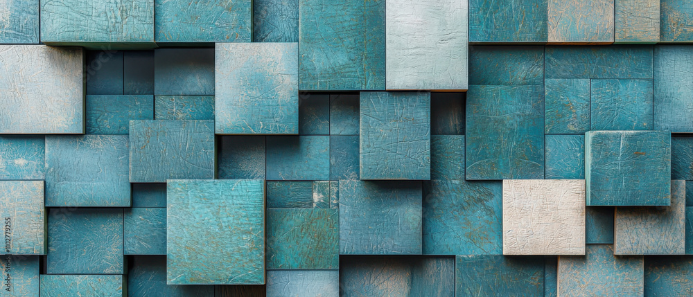 Poster exploring architectural abstraction with overlapping squares in muted teal textile contemporary spac