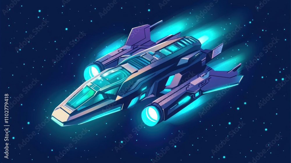 Poster a futuristic spaceship soaring through a starry space backdrop.