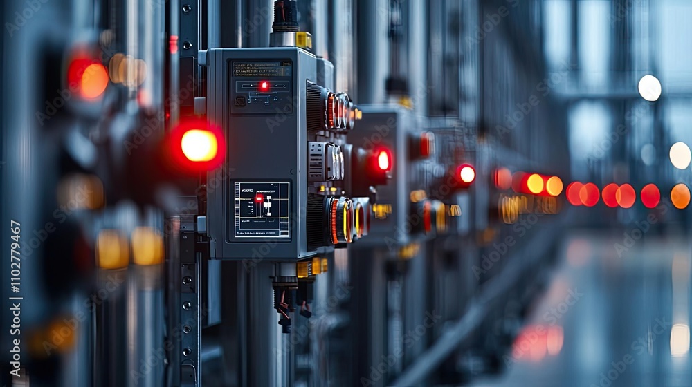 Poster close-up of industrial control panels with illuminated indicators.