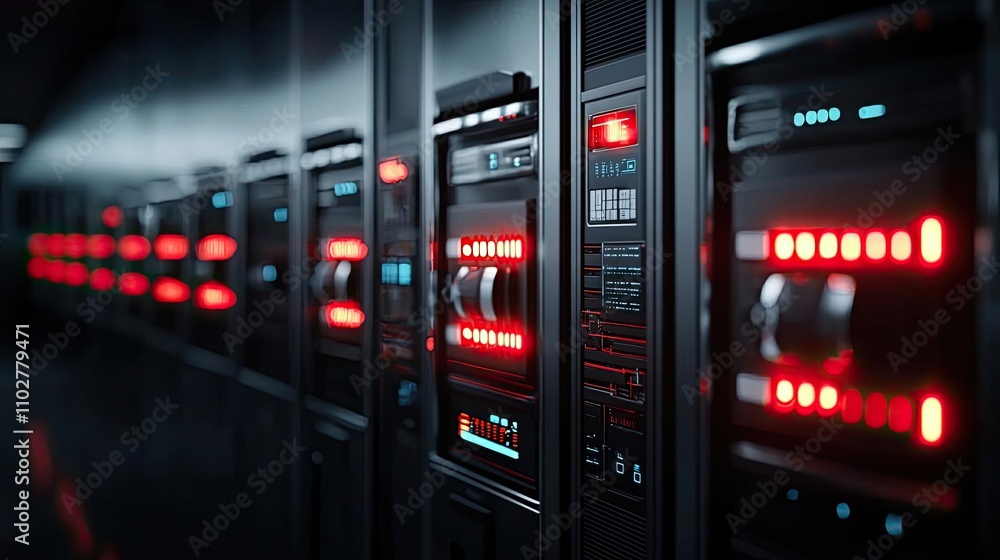 Aufkleber Close-up of server racks with illuminated buttons and screens in a data center.