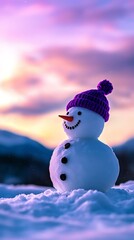 Fototapeta premium A cheerful snowman wearing a purple hat stands against a beautiful twilight backdrop, highlighting a joyful winter scene.