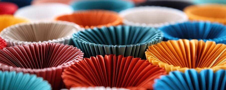 Colorful cupcake liners arranged closely, showcasing a variety of patterns and hues, perfect for baking enthusiasts and party planners.