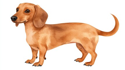 A cute illustration of a brown dachshund standing upright, showcasing its distinctive long body and short legs, exuding a playful and friendly demeanor.